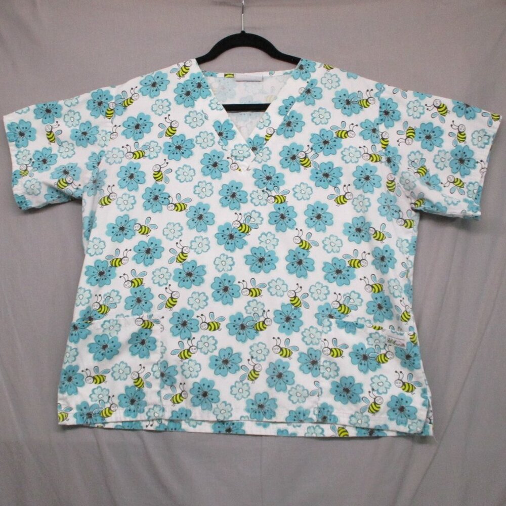 UA Scrubs Bumble Bee Flower Scrub Top White & Blue Women Size L